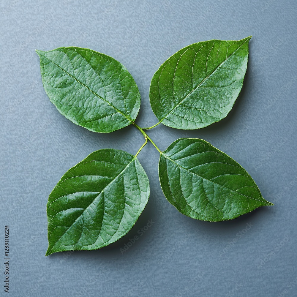 Aufkleber four vibrant green leaves arranged symmetrically on a smooth gray background creating a natural patt