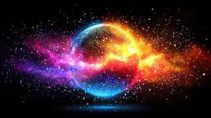Obraz premium A vibrant cosmic sphere explodes in colorful nebula dust