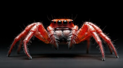 Fototapeta premium This striking image features a vividly colored red spider with large black eyes, showcasing intricate details like hairy legs and a glossy surface, all set against a dark backdrop.