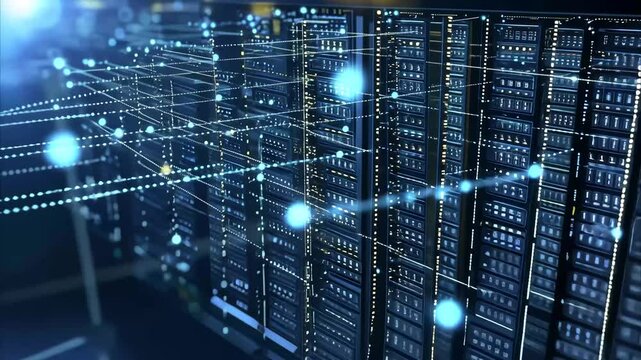 Secure server room designed for AI technology, cloud computing, and high-performance data processing. Modern IT infrastructure ensuring network security and system reliability.