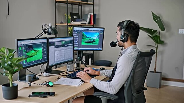 Remote video game developer coding, testing gameplay features, communicating with the development team virtually