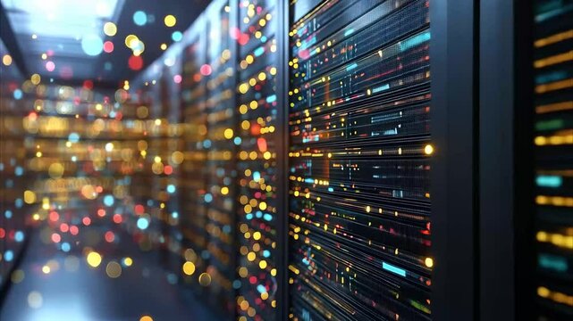 Secure server room designed for AI technology, cloud computing, and high-performance data processing. Modern IT infrastructure ensuring network security and system reliability.