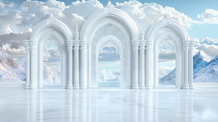Marble arches, snowy mountain view, serenity