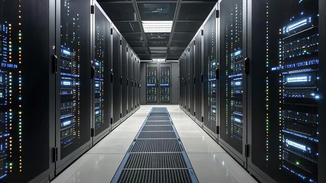 Secure server room designed for AI technology, cloud computing, and high-performance data processing. Modern IT infrastructure ensuring network security and system reliability.