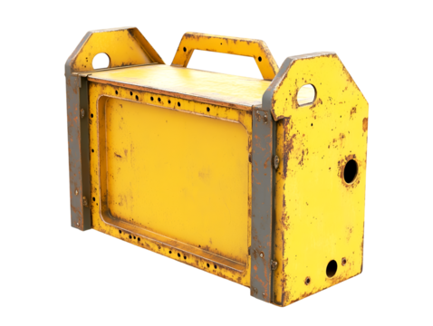 Yellow industrial box with handles, showing signs of wear, rust, and use, isolated on transparent background, PNG, cut out