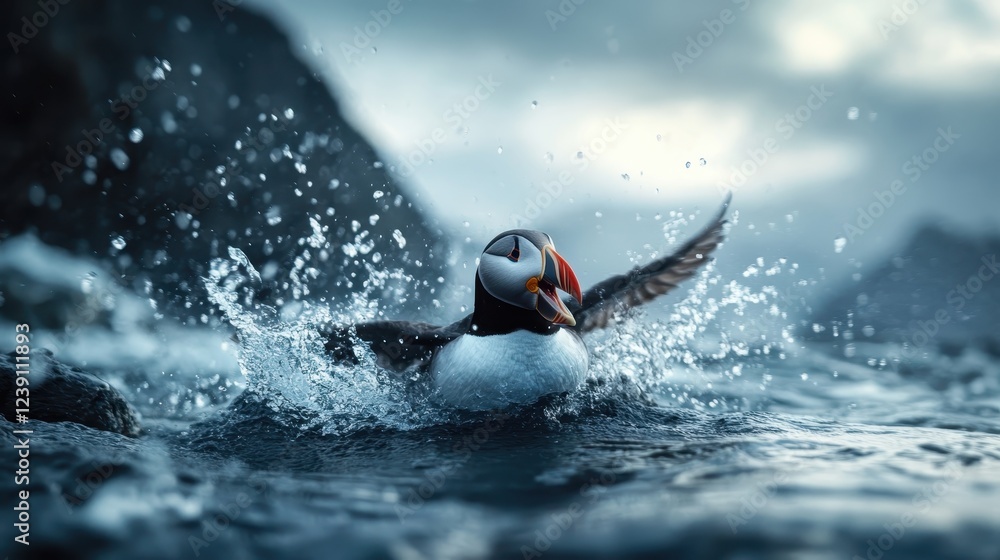 Aufkleber a puffin splashes energetically into the water, creating a dynamic scene filled with vivid colors an