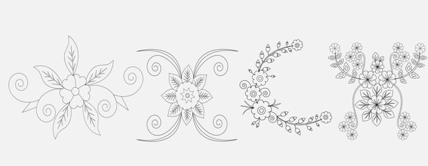 Flower pattern for embroidery elements Bundle With Leaves Coloring Page Graphic Elements Outline vector