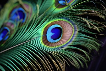 Obraz premium Closeup of Stunning Peacock Feather in Teal, Blue, Green and Purple Colors: San Antonio, Texas, US