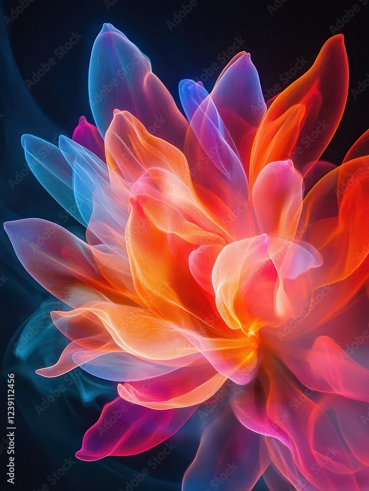 Aufkleber bright and colorful abstract flower design with soft petals and translucent layers against a dark ba