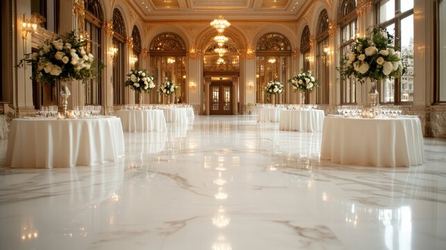 A magnificent banquet hall featuring stunning floral displays on tables, beautifully reflecting elegance and luxury, perfect for special events and celebrations.