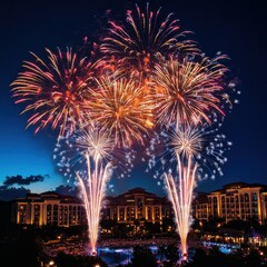 Bright and Colorful Fireworks Display Over Luxurious Resort During Evening Celebration in Vibrant Summer Sky with People Enjoying the Festivities Below