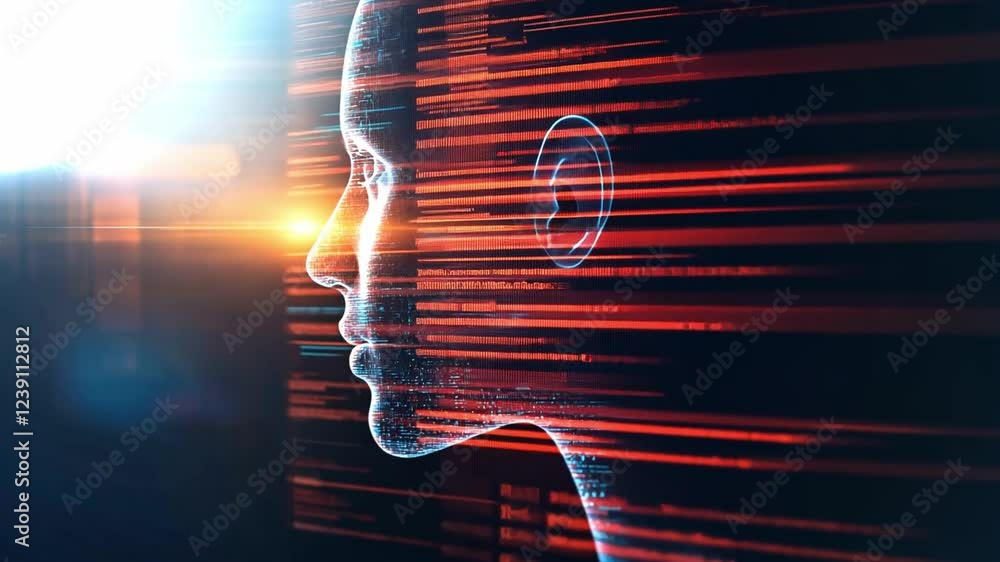 Poster futuristic representation of artificial intelligence with a profile and dynamic data streams in 4k