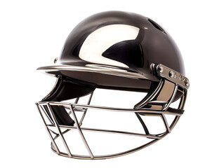 Close-up shot of a black cricket helmet with metallic cage and visor with a shiny surface isolated against a png background to highlight protective gear
