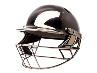 Close-up shot of a black cricket helmet with metallic cage and visor with a shiny surface isolated against a png background to highlight protective gear