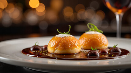 Gourmet Leberknödel presentation in modern restaurant, culinary art