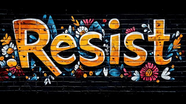 resist concept. Colorful mural featuring the word "Resist" adorned with flowers and abstract designs on a dark background.