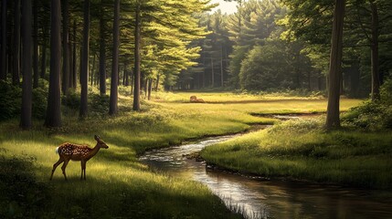 Serene forest scene, lush greenery with a tranquil stream, soft sunlight filtering through trees, ideal for nature themes.