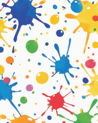 Colorful splatter pattern with vibrant paint drops on white background