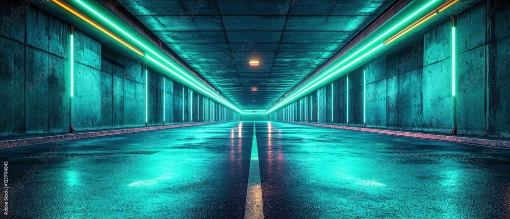 Poster Neon lit tunnel with wet floor and concrete walls creating a futuristic and moody atmosphere