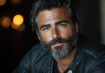Charming portrait of confident man with beard in leather jacket showcasing deep gaze and captivating expression, perfect for lifestyle and fashion themes