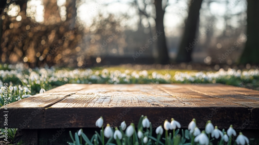 Poster a wooden podium rests on the ground, surrounded by blooming spring flowers. the soft sunlight filter
