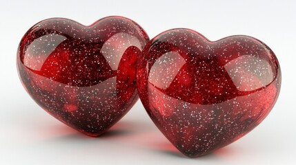 Fototapeta premium Two Red Glitter Hearts on White Background