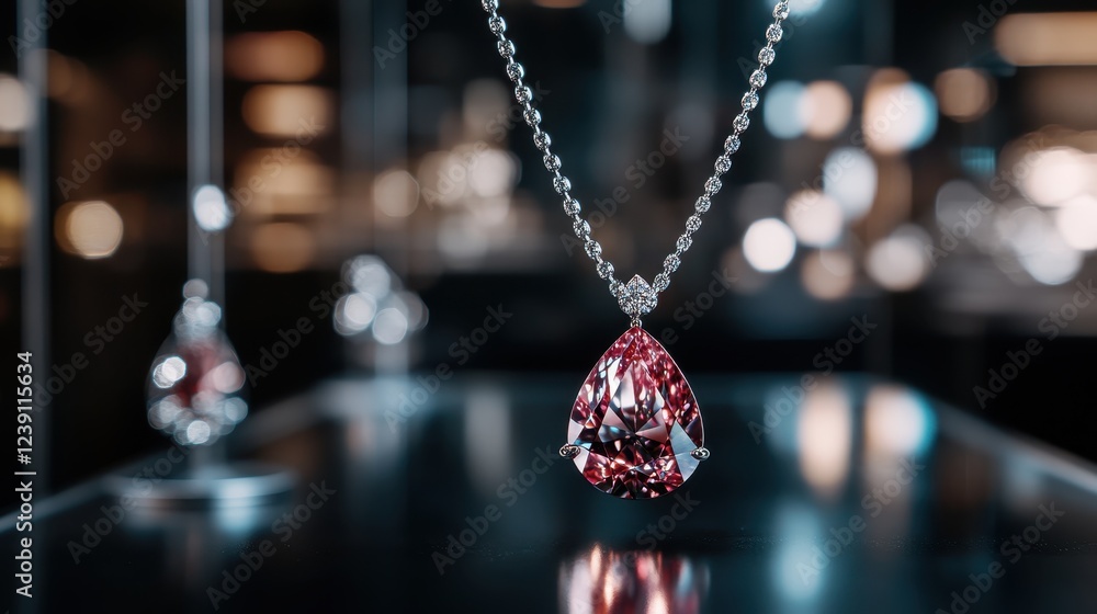 Wall mural Featuring a striking red gemstone pendant, this glamorous necklace is draped elegantly, capturing attention with its rich color and intricate silver details.