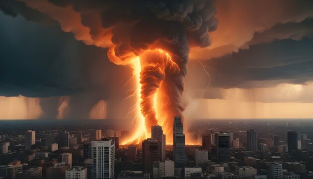 Un enorme tornado ardiente o un v&oacute;rtice de llamas y energ&iacute;a arremolin&aacute;ndose sobre un paisaje urbano, con rascacielos y edificios al fondo