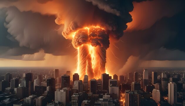 Un enorme tornado ardiente o un v&oacute;rtice de llamas y energ&iacute;a arremolin&aacute;ndose sobre un paisaje urbano, con rascacielos y edificios al fondo