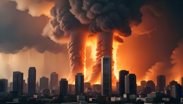 Un enorme tornado ardiente o un v&oacute;rtice de llamas y energ&iacute;a arremolin&aacute;ndose sobre un paisaje urbano, con rascacielos y edificios al fondo