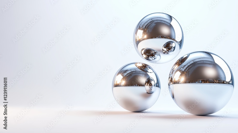 Poster three shiny metallic spheres are artistically arranged, reflecting soft light in a minimalistic sett