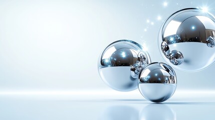 Three shimmering metallic spheres adorned with sparkles capture light beautifully, emphasizing modern design and abstract artistry in a captivating display.