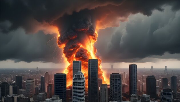 Un enorme tornado ardiente o un v&oacute;rtice de llamas y energ&iacute;a arremolin&aacute;ndose sobre un paisaje urbano, con rascacielos y edificios al fondo