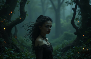 Fototapeta premium Portrait of Woman in Dark Forest – Fantasy Art with Mystical and Enchanting Atmosphere