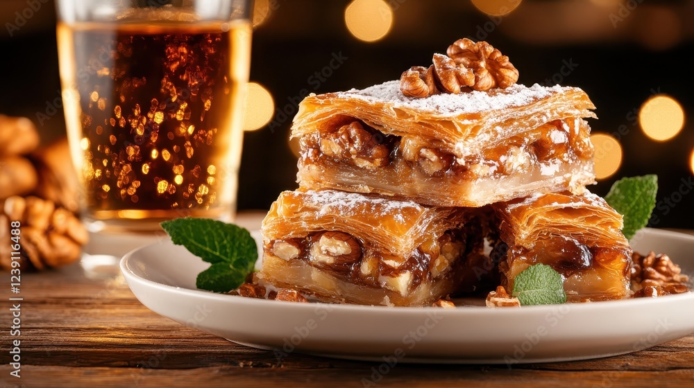 Poster a delectable serving of baklava layered with nuts, drizzled with honey syrup, showcasing its flaky t