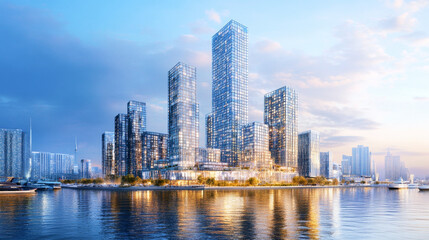 Fototapeta premium Stunning skyline of a European business district with modern glass skyscrapers and waterfront views