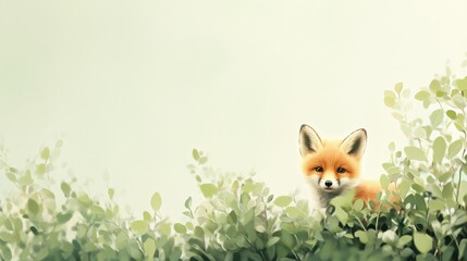 Obraz premium Fox cub peeking through greenery in serene natural setting with soft focus