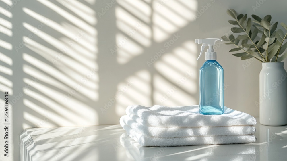 Poster a blue spray bottle sits atop neatly stacked white towels, illuminated by soft sunlight filtering th