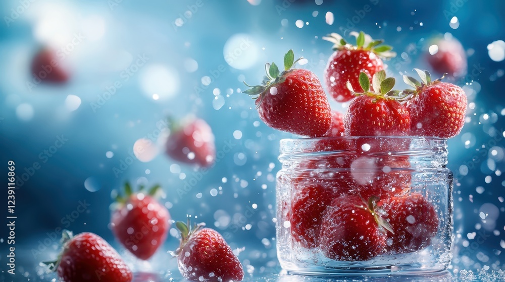Poster strawberries in a glass jar splash against an aquatic backdrop, creating a refreshingly vibrant imag