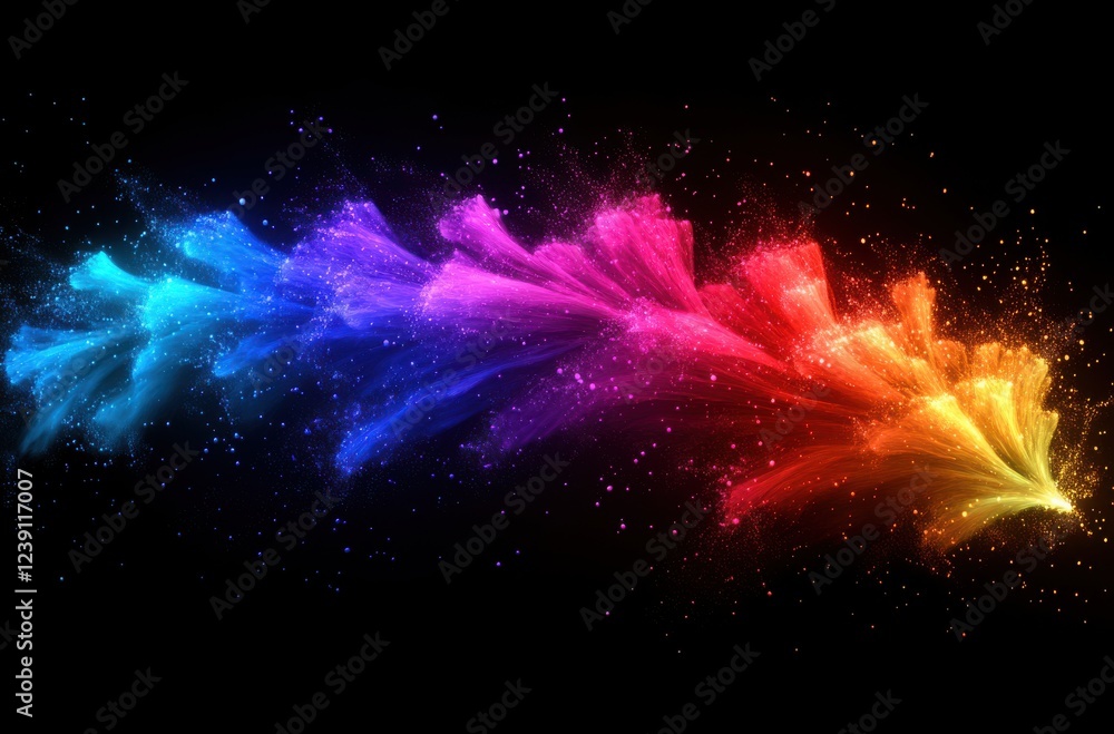 Poster colorful abstract wave of vibrant particles in motion amidst dark background creating a stunning vis