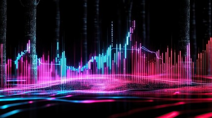 A vibrant digital graph with neon colors depicts fluctuating data trends against a dark background, symbolizing technology and analytics.
