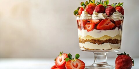 English trifle dessert in elegant glassware, White background with subtle lighting, Luxurious presentation with layers of double cream, custard, strawberries, cake slices on the bottom