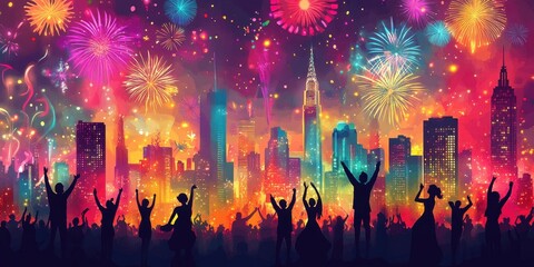 Cityscape Celebration Fireworks Night Crowd Rejoicing