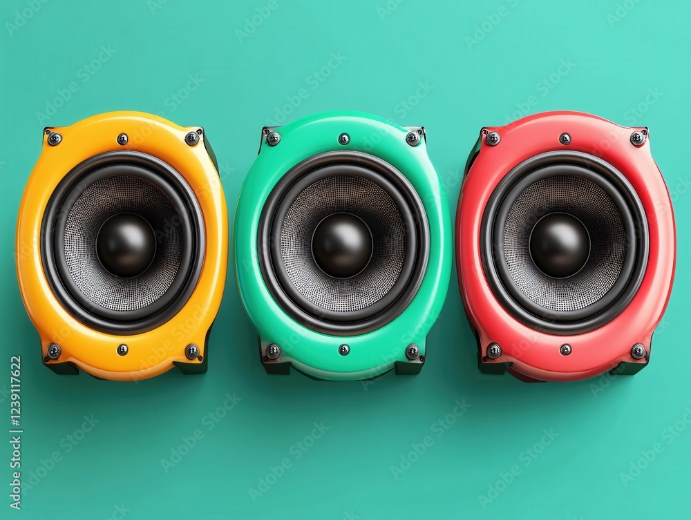 Poster three vibrant speakers in a row against a solid turquoise background studio style rendering