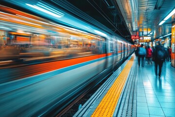 Subway train arriving at station with people waiting on platform