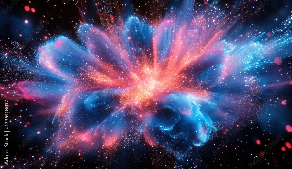 Poster colorful exploding galaxy in space with vibrant nebula and cosmic dust particles creating an awe-ins