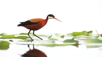 Obraz premium African jacana wading lily pads, calm water, wildlife, nature photography, stock image