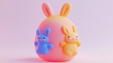 A pastel-colored egg features adorable bunny figures, exuding a playful and whimsical charm suitable for spring celebrations.