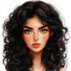Fototapeta premium Stunning woman with striking green eyes, dark curly hair, and a confident pose, isolated on white background