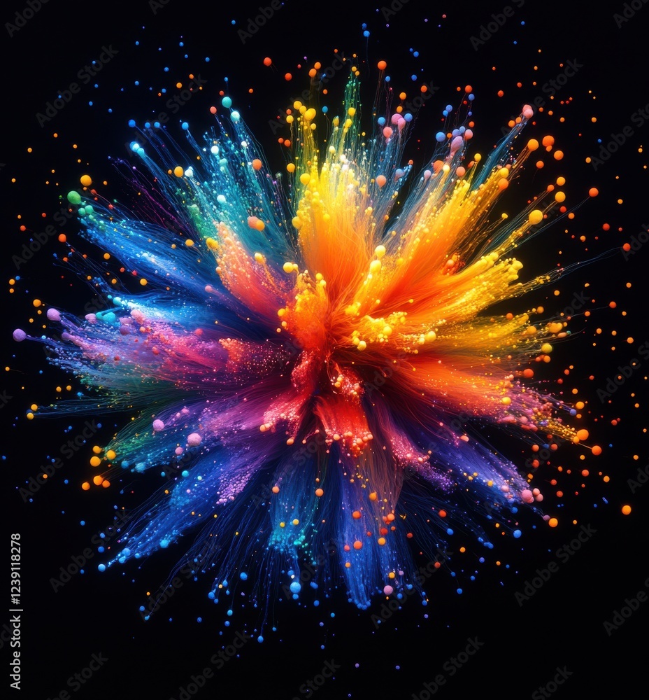 Poster colorful explosive abstract pattern with splashes of paint and vivid hues on a dark background